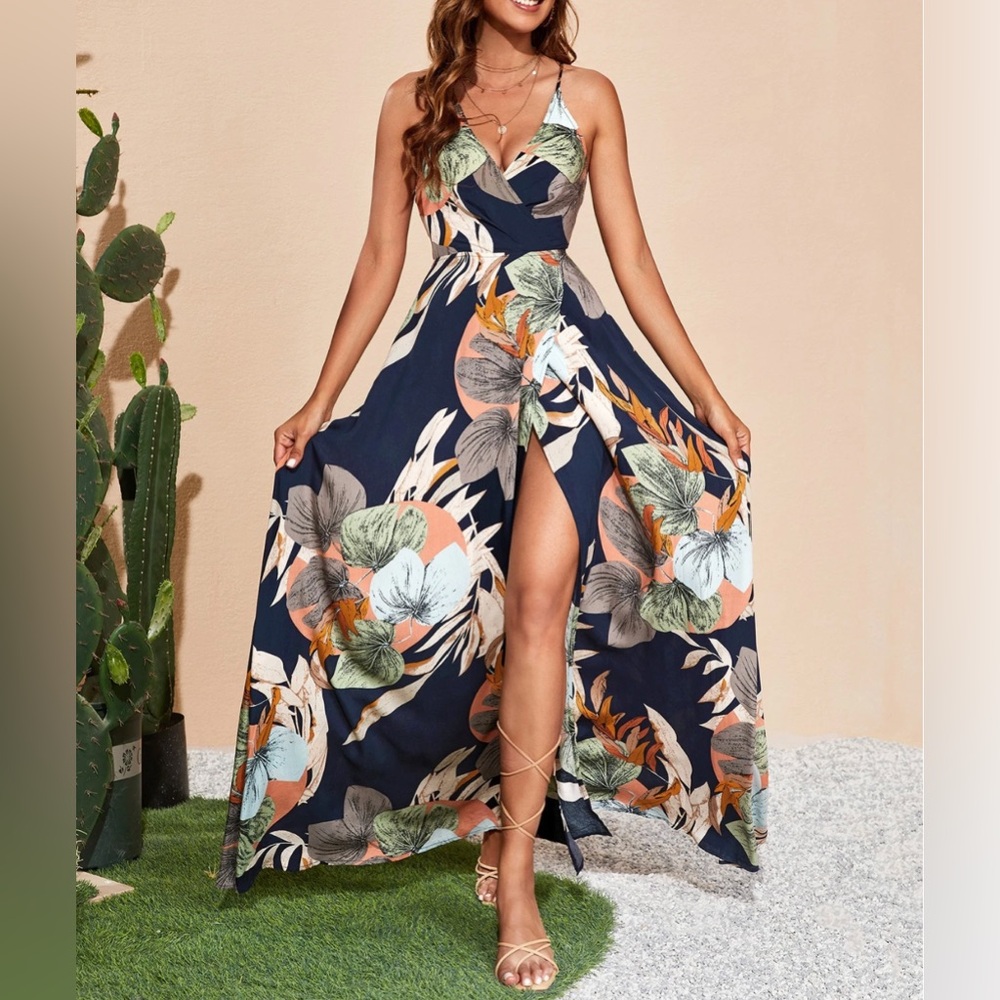 Tropical Print  Backless Slit Thigh Cami Maxi Dress